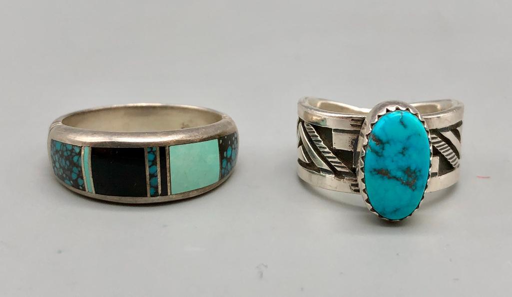 Ray Tracy and Peter Nelson Rings: For your consideration are two rings one by Ray Tracy and the other by Peter Nelson. These rings feature a little something for everyone! The first ring has a beautiful turquoise cabochon surrounded b