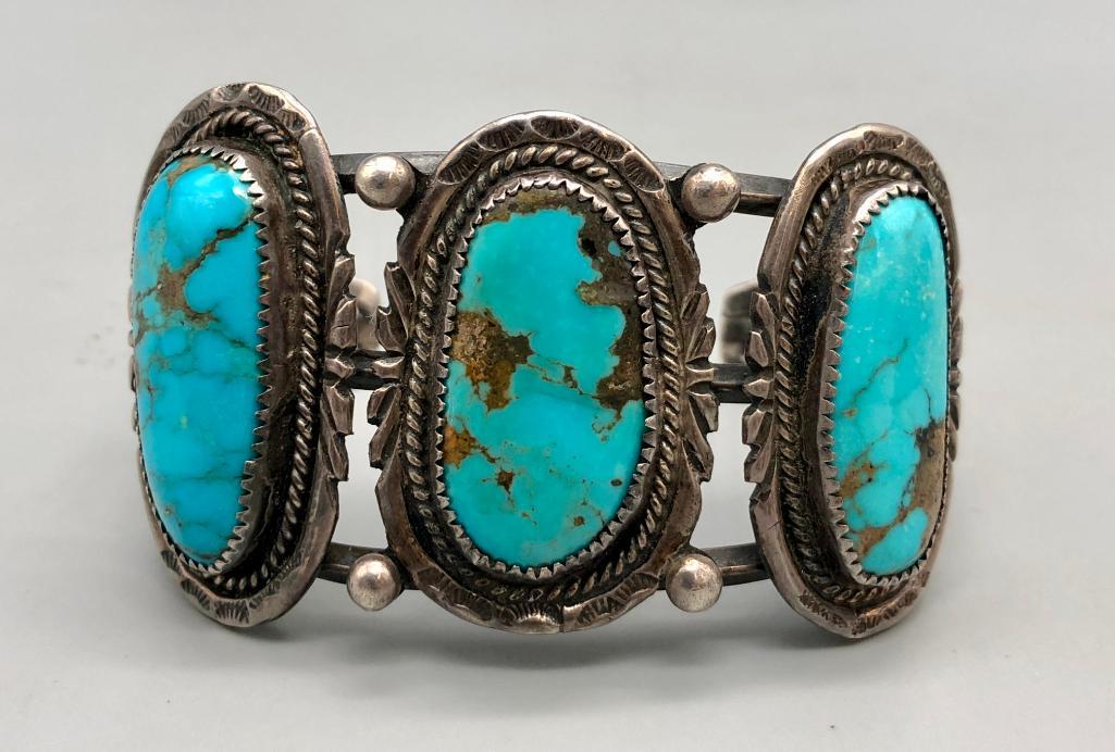 Vintage Three Stone Turquoise Bracelet: Offered here for your consideration is a vintage three-stone turquoise bracelet. This marvelous bracelet features three stunning turquoise cabochons in handmade sawtooth bezels. They are well accented