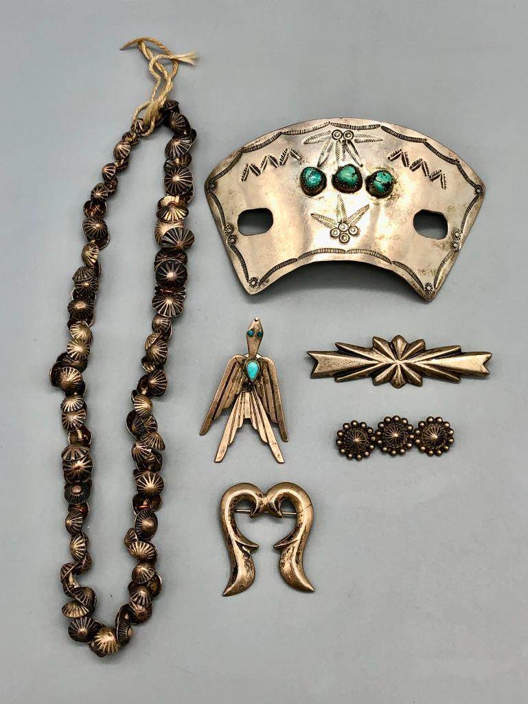 Miscellaneous Buttons, Pins, Etc. from Estate: Offered in this lot are miscellaneous buttons, pins, etc. from an estate. This group features small domed, sterling silver, concho style buttons (strung together on a string), three pins with stunning