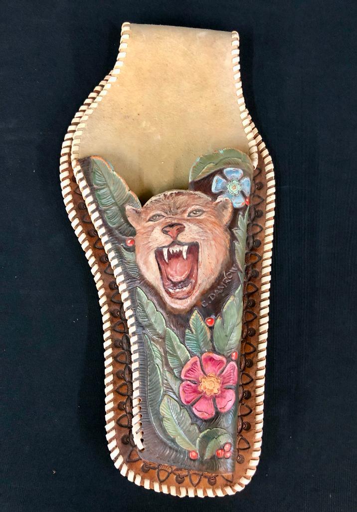 Carved & Painted Leather Holster by Charles Damrow: Offered here for your consideration is a unique and well-done, carved and painted leather holster by Charles Damrow. Charles Damrow, Cowboy artist and painter of western Cowboy and Indian subject matt