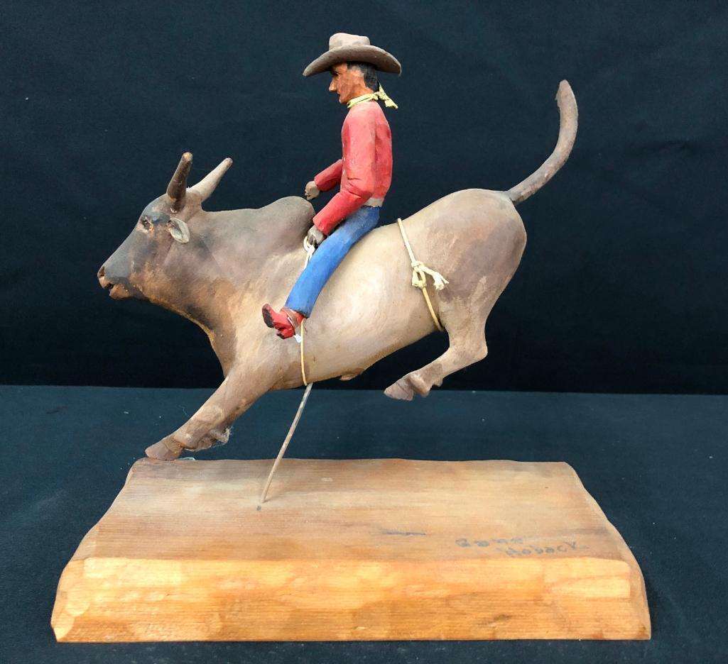 Wood Carving by Gene Hoback - Bull Rider: Presented here for your consideration is a wood carving by Gene Hoback - Bull Rider. Gene Hoback carved these carvings (lots 372 thru 375) of John McNally and Wilford Cline's bucking stock. This bull 