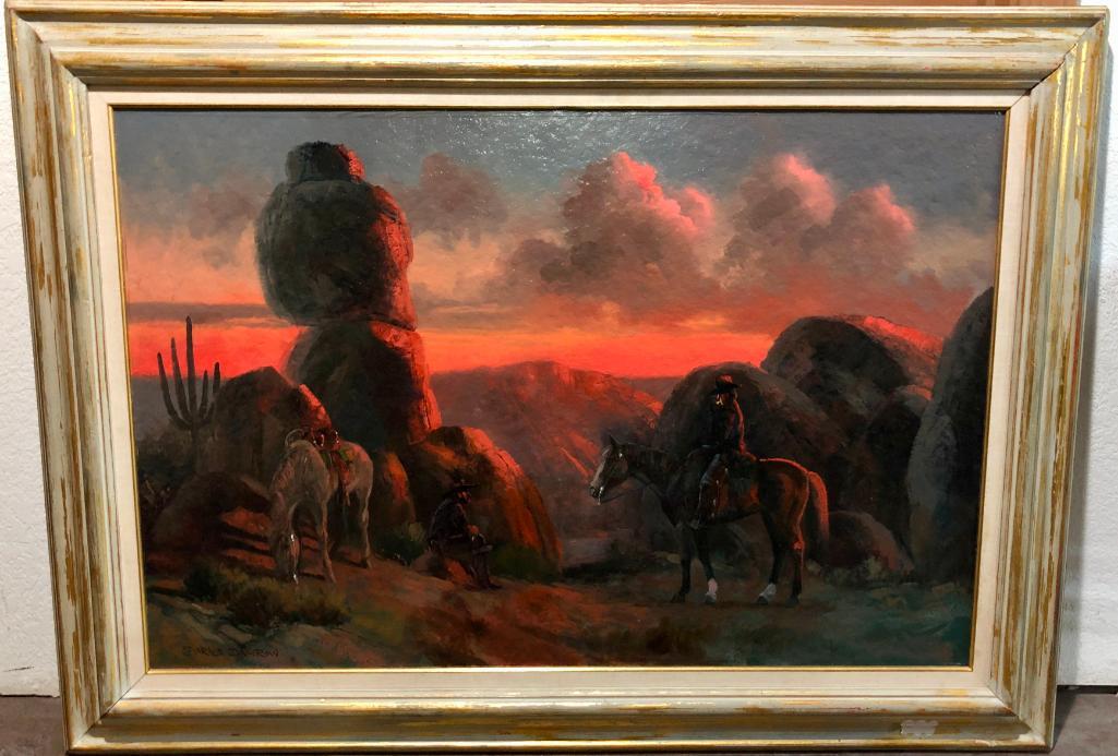 Charles Damrow - Sunset Scene: Available here for your consideration is an original oil painting by Charles DamrowÂ of a sunset scene.Â Charles Damrow, Cowboy artist and painter of western Cowboy and Native American subject matte