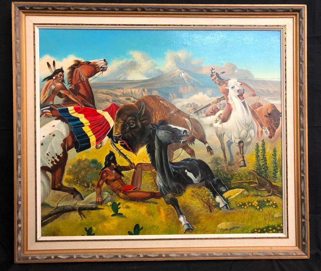 Charles Damrow (Unsigned) - Native Americans Hunting: Offered here for your consideration is an original oil painting attributed to Charles DamrowÂ of a Native Americans hunting scene. Charles Damrow, Cowboy artist and painter of western Cowboy and Nati