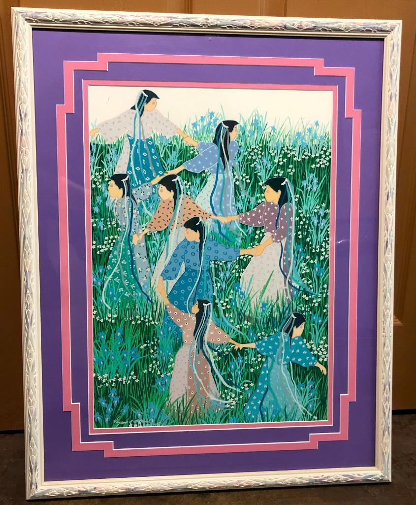 Original Gouache by Virginia Stroud - Dancing Maidens: Available here for your consideration is an original gouache by Virginia Stroud. Virginia Stroud says she, "paints for my people". She has won countless awards, ribbons, and medals for her painting an