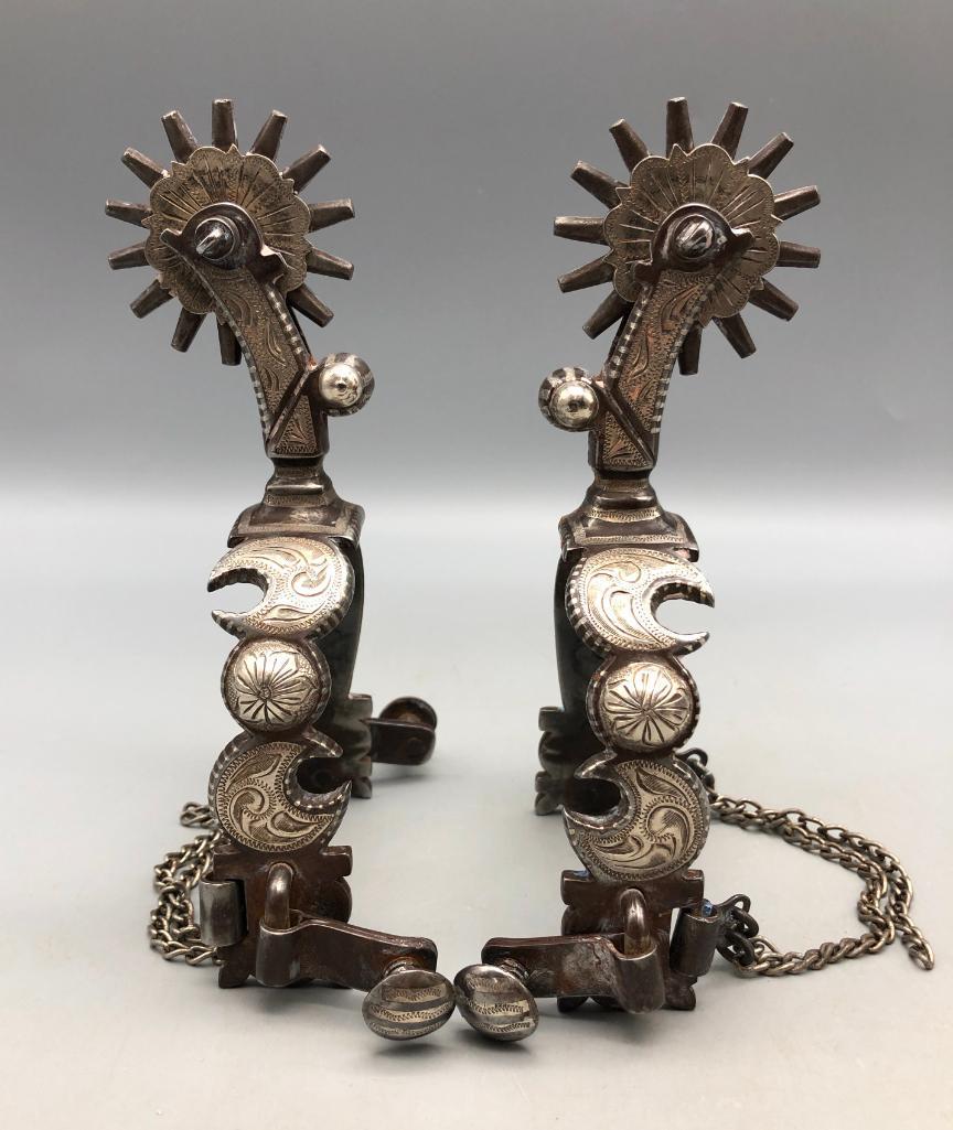 Pair of Fancy E. Garcia Spurs: Available here for your consideration is a pair of fancy E. Garcia spurs. Eduardo Garcia started making spurs in the late 1980s and continued until his death in the 2000s. His legacy is carried on tod