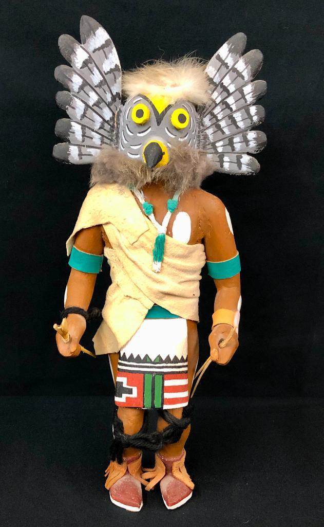 Circa 1960s Hopi Kachina: For your consideration is a circa 1960s Hopi Kachina with vibrant hand painted designs, with nice wood carving and features. It is by Tyler Polelonema (born 1940) who is known for Ethno-cubist figure-