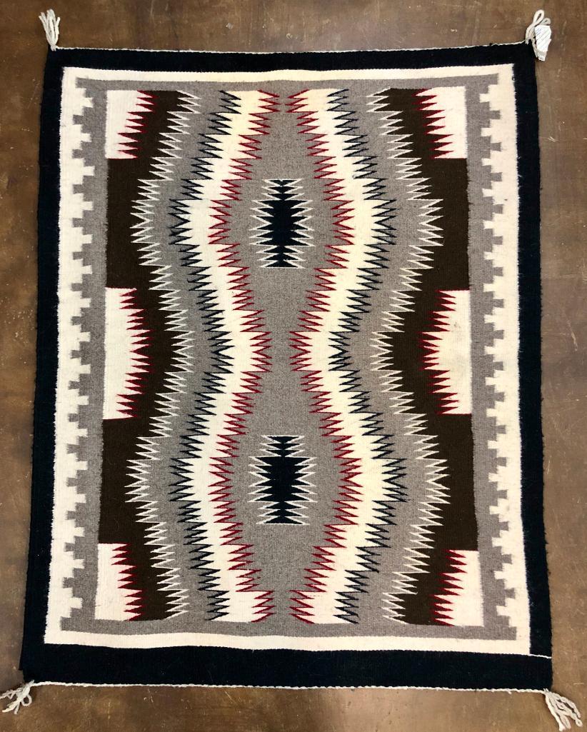 Vintage Navajo Textile: Offered here for your consideration is a Navajo textile with a serrated double diamond type pattern. It features traditional designs using browns, blacks, grays and whites. It is beautifully woven and