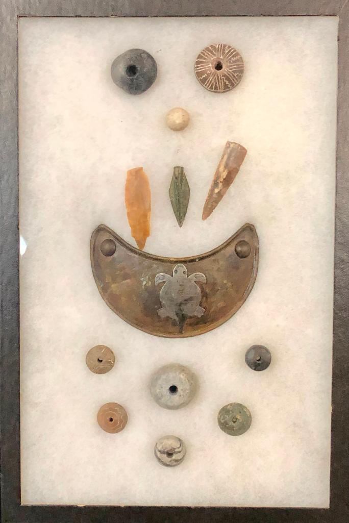 Antique Gorget & Other Artifacts: Offered here for your consideration is an antique gorget and other artifacts. This displays features a variety of artifacts and an antique gorget in a nice shadowbox frame. Provenance: From the estate