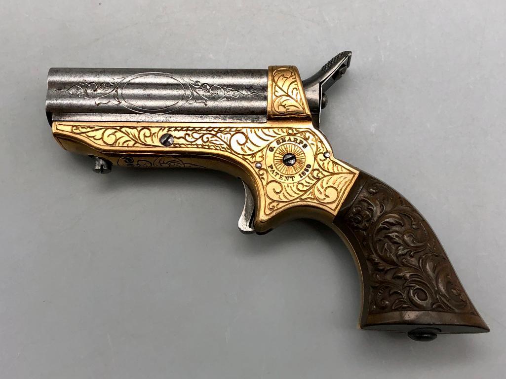 Fancy C. Sharps Pepperbox Derringer: Offered here for your consideration is an engraved Christian Sharps Pepperbox Derringer. One of the more popular pocket pistols found the "Old West" were the Sharps Pepperboxes. They are four-barrel, 