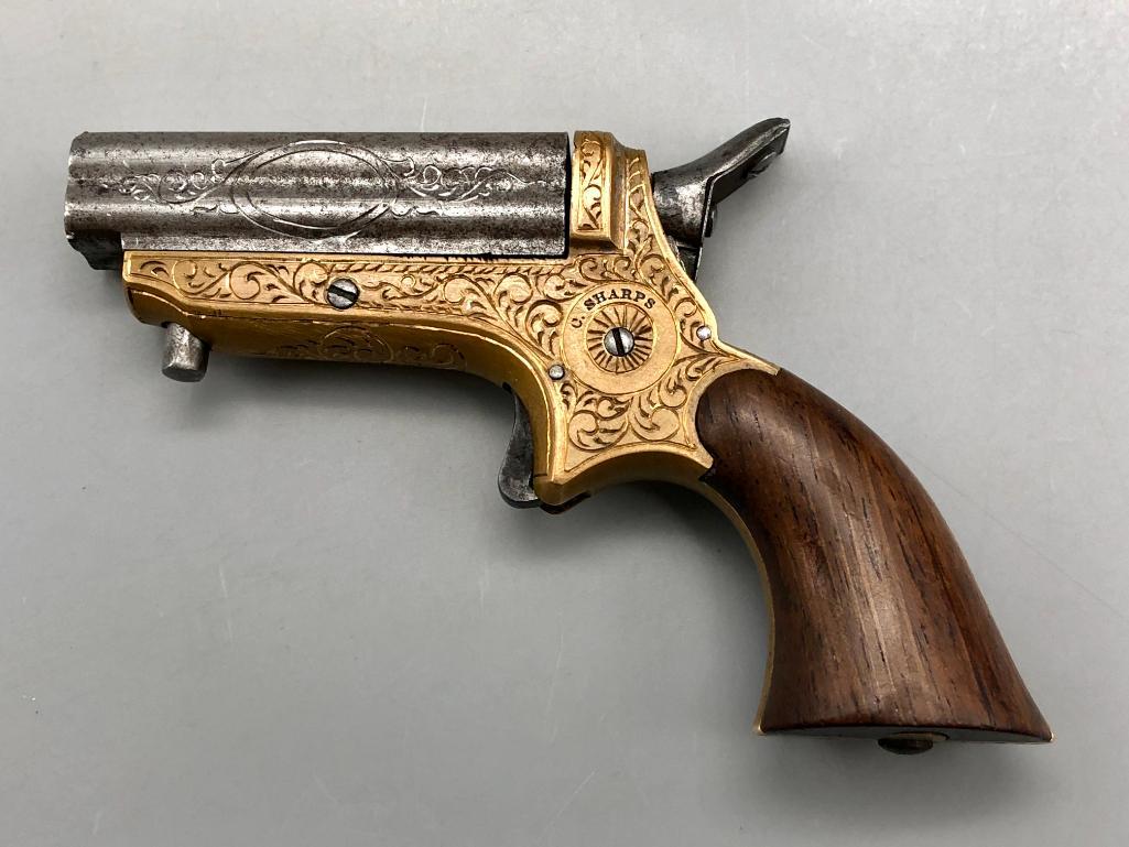 Engraved Fancy C. Sharps Pepperbox Derringer: Offered here for your consideration is an engraved Christian Sharps Pepperbox Derringer. One of the more popular pocket pistols found the "Old West" were the Sharps Pepperboxes. They are four-barrel, 