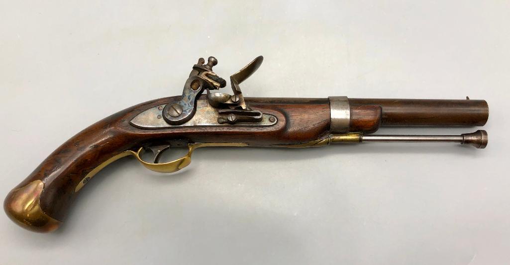 Approx. 50 Cal Flintlock Pistol: Presented for sale in this lot is a Flintlock Pistol in approx 50 caliber. This pistol is a vintage reproduction and in good used condition. The wood is nice with a brass butt and trigger guard. A rel