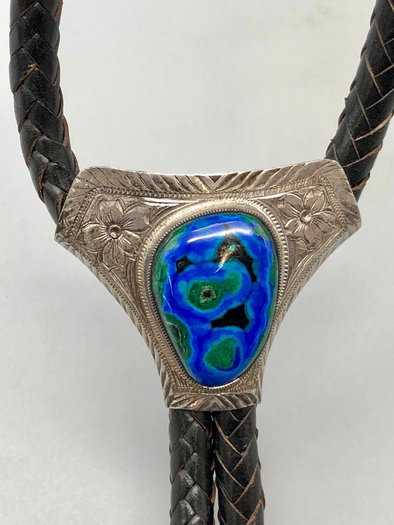 Vintage Bolo Tie - Victor Cedarstaff: Offered here for your consideration is a vintage bolo tie by Victor Cedarstaff. This bolo features a gorgeous sterling silver slide with a lovely azurite-malachite cabochon (Azurite-malachite is a ble