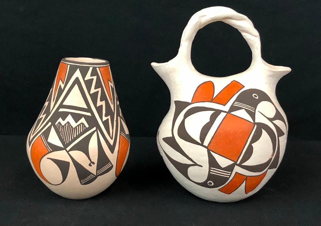 Acoma Wedding Vase & Jar - Lucy Lewis: Available here for your consideration is an Acoma wedding vase and jar by Lucy M. Lewis. Lucy Martin Lewis was a Native American potter from Acoma Pueblo, New Mexico. She is known for her black and re