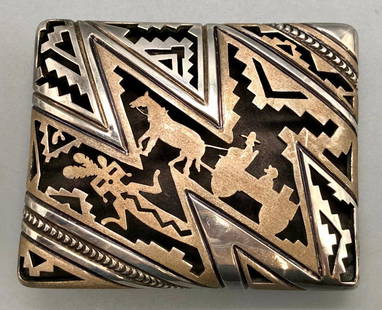 Unique Shadowbox Sterling Silver Buckle by Peter Nelson: For your bidding pleasure we present a unique shadowbox sterling silver buckle by Peter Nelson. This buckle features an open shadowbox western theme with hand stamped designs and traditional Navajo pa