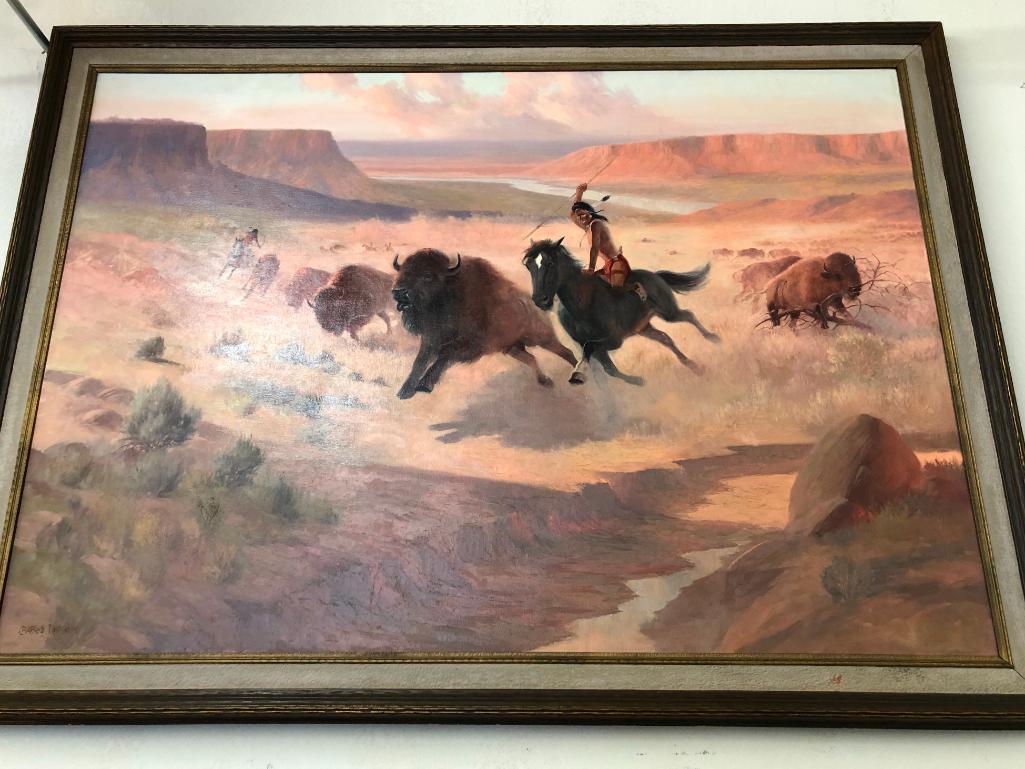 Huge Original Oil Painting by Charles Damrow: For your bidding pleasure is a huge original oil painting by Charles Damrow. Charles Damrow was a cowboy artist and painter of western cowboy and Native American subject matter, established friendship
