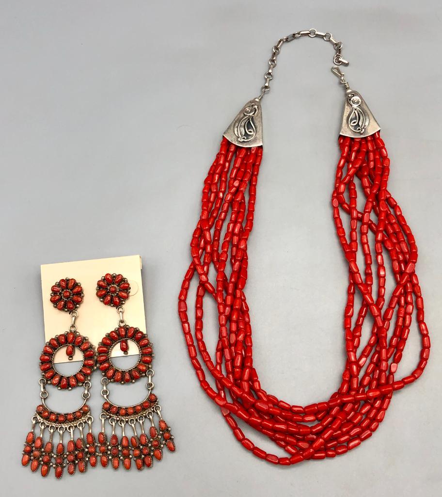 8 Strand Coral Necklace and Chandelier Earrings: Offered here for your bidding enjoyment is an eight-strand coral necklace and coral chandelier earrings. These gorgeous pieces feature lovely coral, with the necklace sporting a wonderful eight strand