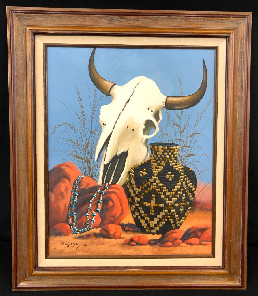 Original Oil Painting by Guy Nez: Presented here for an original oil painting by Guy Nez. Award winning Dine artist Guy Nez, Jr. is a versatile artist working as a jeweler, potter, sculptor and painter. Nez's expertise and knowledge o