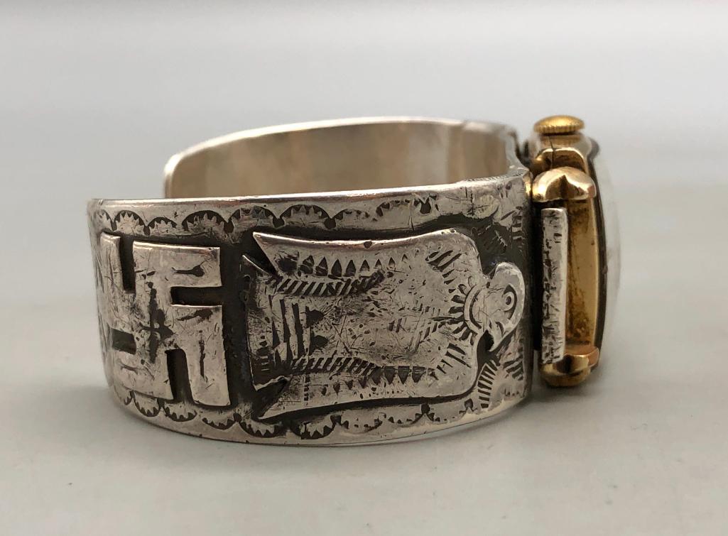 Pre WWII Thunderbird and Whirling Logs Cuff Watch (1 of 8)