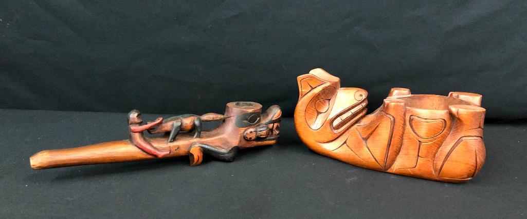 Two North West Coast Carvings/Pipe & Bowl: Available here for your consideration are two North West Coast carvings (pipe and bowl). The "Bear" bowl is carved by the Salish Nation artist, Doug LaFortune; he is a prolific artist whose works have