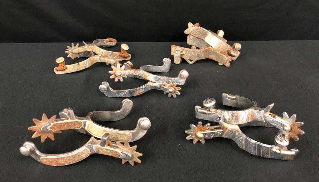 Group of 10 Spurs: Available here for your consideration is a group of 10 spurs. This lot provides a great variety of pairs and singles! The history of bits and spurs in North America begins with the Spanish who first c