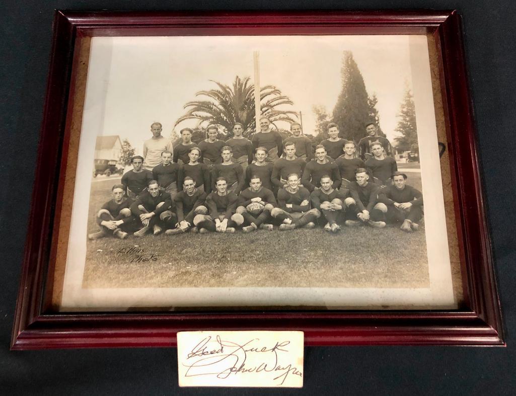 Original John Wayne Autographed Card & Football Photo: Offered here for your consideration is an original John Wayne autographed card and photo of him on the football team in high school. John Wayne was known for having a pocket full of these autographed 