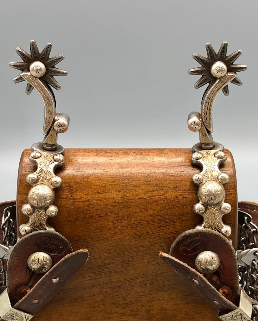 JJ Smith Spurs with John Clark Straps: Offered here for your consideration is a pair of JJ Smith spurs with John Clark straps. This pair of spurs has great silverwork on both sides (double mounted) and comes with a set of heel chains. The 