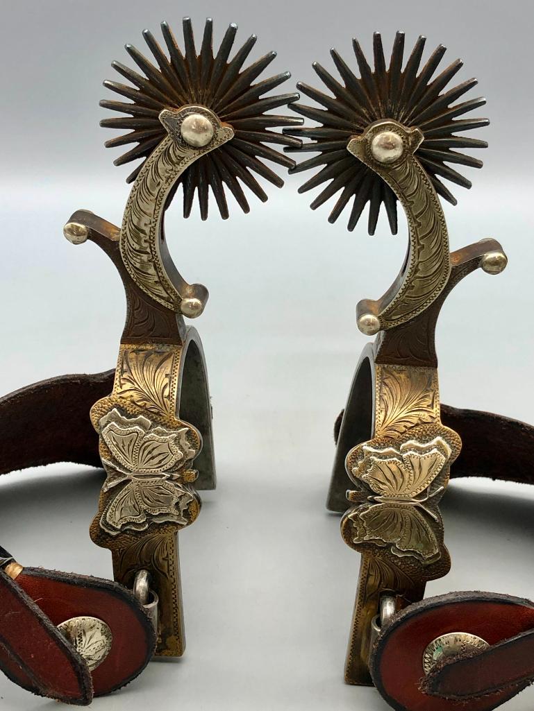 L&M Butterfly Themed Spurs: Offered here for your consideration is a great pair of L&M butterfly themed spurs. The designs and engravings are superb, as we are used to seeing from Lytle and Mower (L&M) out of West Bountiful, Uta