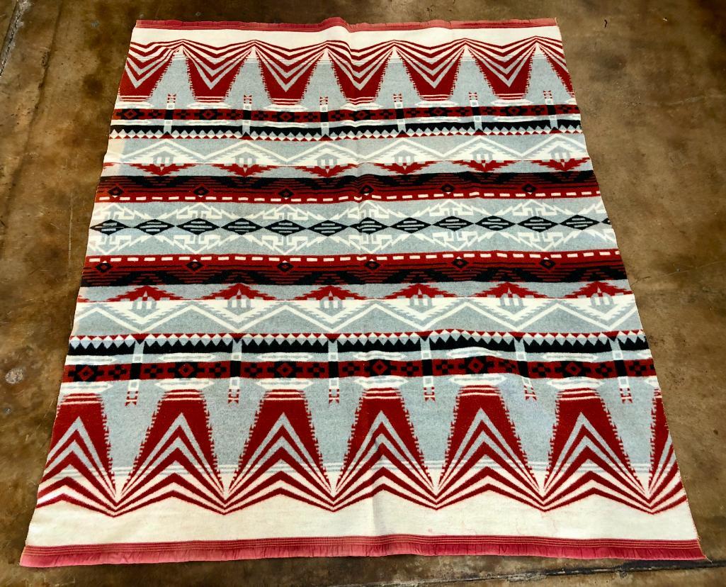 Vintage Camp or Trade Blanket: Offered here for your consideration is a vintage camp or trade blanket. This large blanket features bold colors and designs! It would made a nice display in your living room or office, maybe even a gu