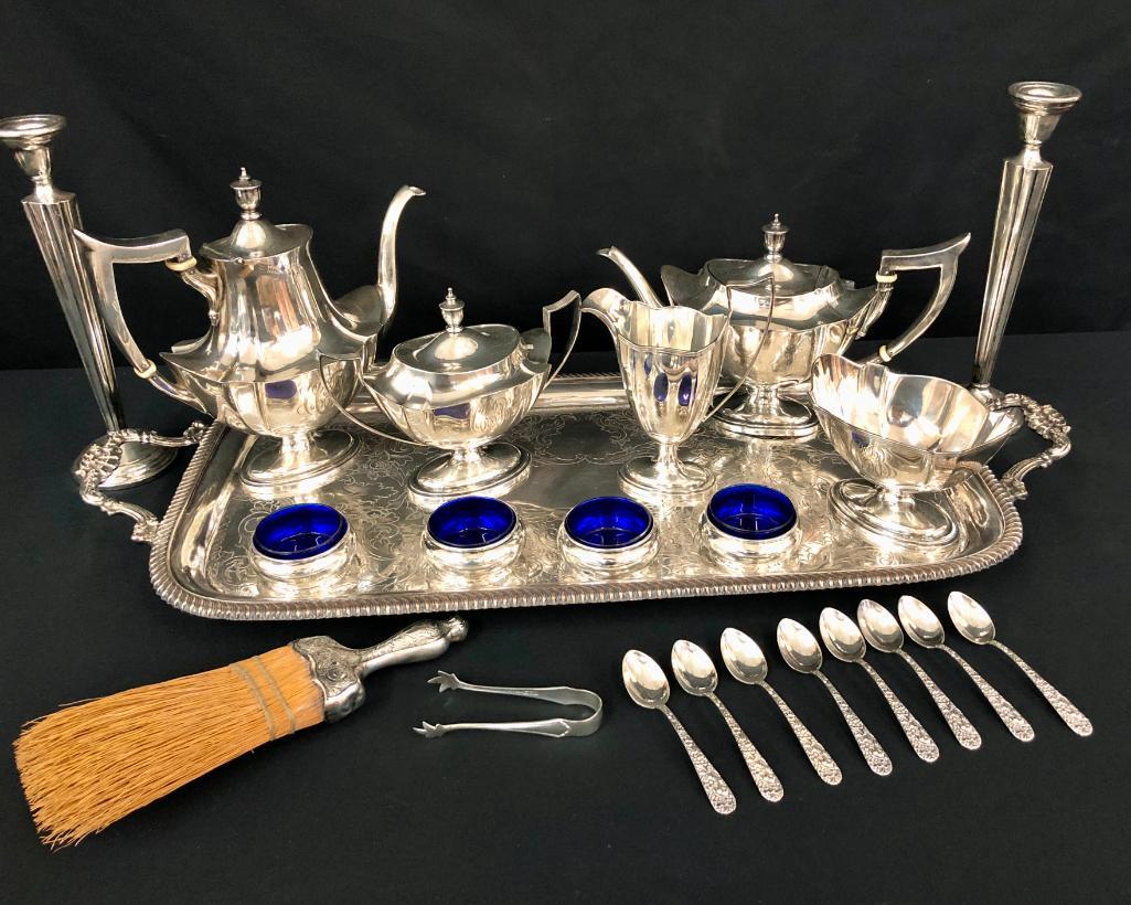 Sterling Tea Service and Vanity Related Items: Offered here for your consideration is a sterling tea service and vanity related items. Silver tea services such as these are great for any vintage or antique collection but are still wonderful for us