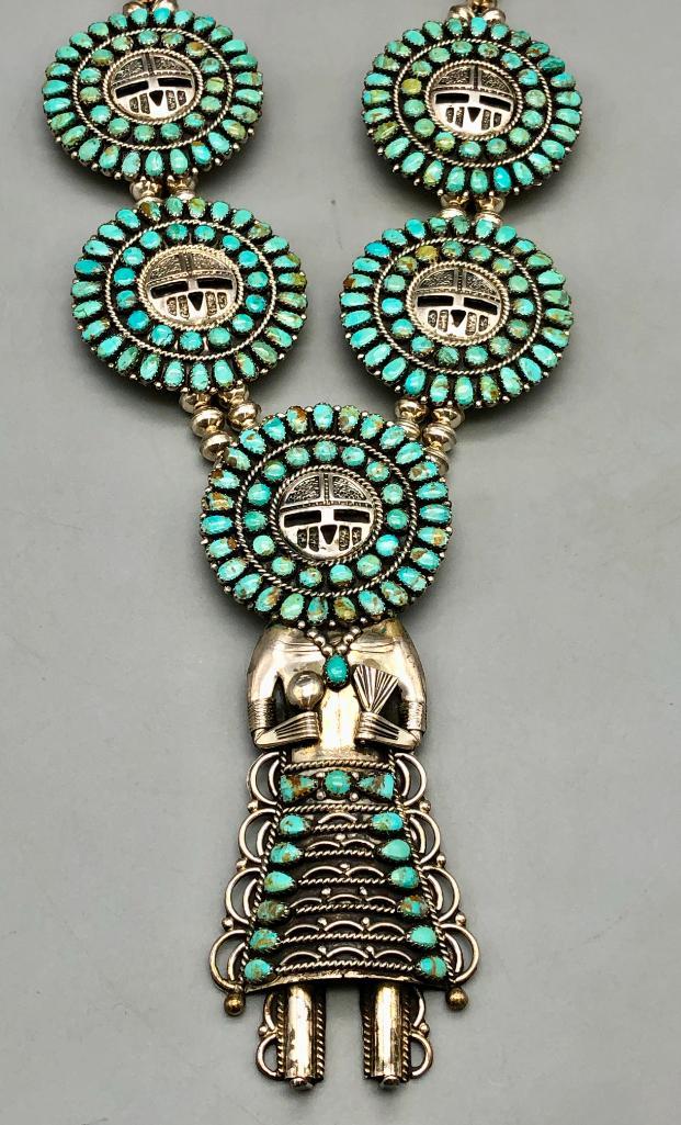 Sunface Themed Turquoise Necklace by Larry Moses Begay: Featured here for your consideration is a Sunface themed turquoise necklace by Larry Moses Begay. This stunning necklace is themed to the Sunface, featuring a great three dimensional Sunface Kachina p