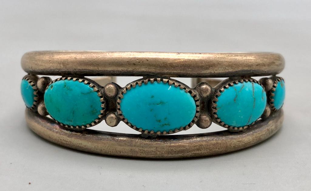 Vintage Five Stone Turquoise and Sterling Silver Bracelet: Available here for your consideration is a vintage five stone turquoise and sterling silver bracelet. This wonderful piece features five turquoise cabochons, resting in handmade sawtooth bezels, set o