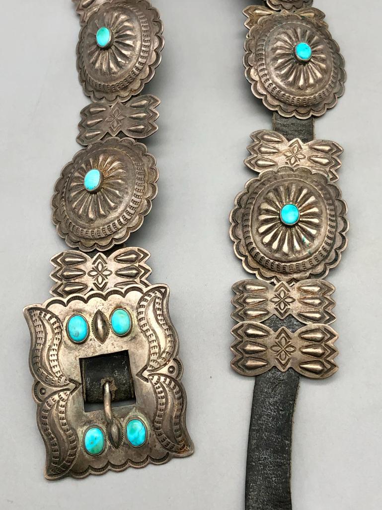 1930s-1940s Small Concho Belt/Hat Band: Up for consideration is this 1930s-1940s small size concho belt/hat band. This is an appealing concho belt with hand stamped designs and turquoise dot accents. The buckle matches the quality of the co