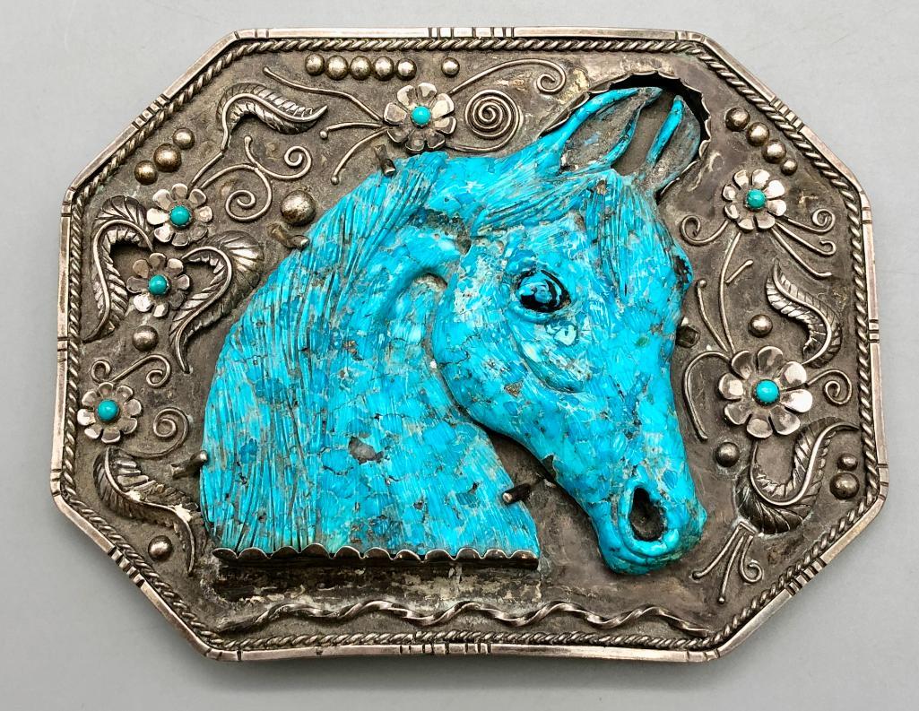 Statement Piece - Horse Themed Turquoise Belt Buckle: Offered in this lot is a STATEMENT piece horse themed turquoise belt buckle. GORGEOUS!!! Let's say that again...Gorgeous! This belt buckle features a hand carved horse head i turquoise and is set on a