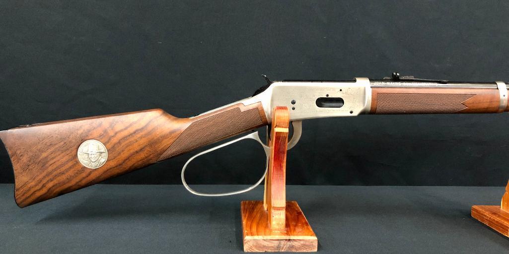 Winchester Model 94 John Wayne Commemorative Rifle.: For your bidding pleasure here is a NIB John Wayne commemorative saddle ring carbine. It is in the original box and includes the paperwork. This carbine is the large loop version. Also included in thi