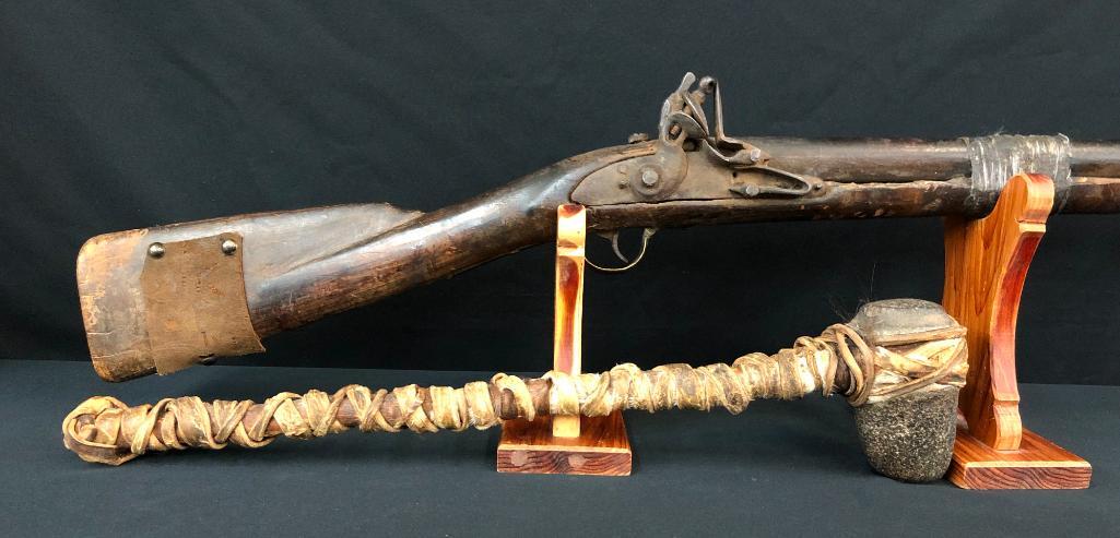 Blanket Gun and Stone Head Tomahawk.: For your consideration in this auction is a handmade flintlock musket and a stone head tomahawk. The musket has obviously been made up of parts from other firearms and resembles what are commonly refe