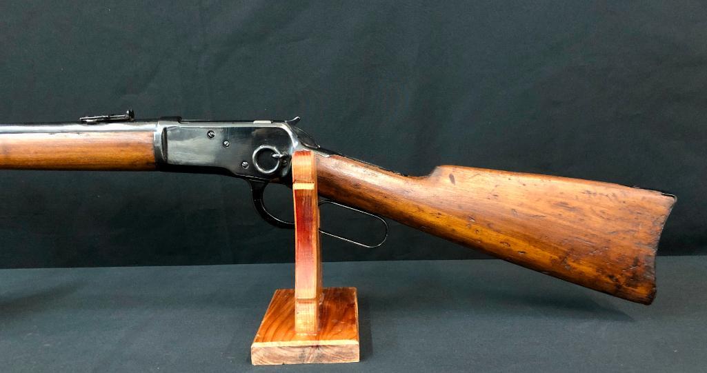 Winchester Model 1892 Saddle ring Carbine: For your bidding pleasure in this auction is a Winchester Model 1892 saddle ring carbine chambered in 25-20. It has a shotgun style butt plate and wood stock and forearm. This carbine has been refinis