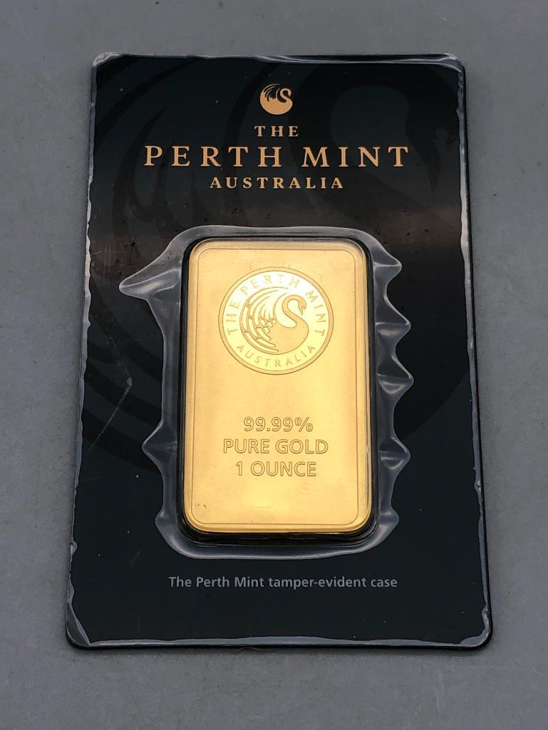 Sealed One Ounce Gold Bar .9999 Fine - Perth Mint: Available here for your consideration is a 1 ounce gold .999 fine bar. The Perth Mint is Australia's official bullion mint and wholly owned by the Government of Western Australia. This lot features a 