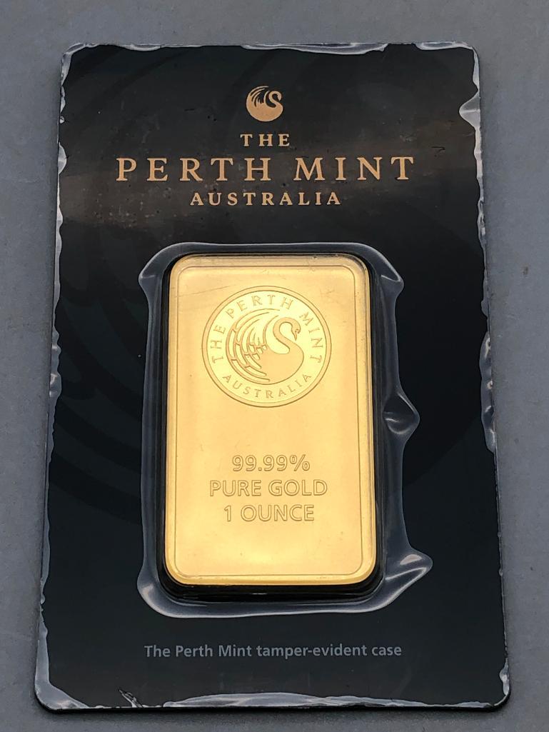 Sealed One Ounce Gold Bar .9999 Fine - Perth Mint: Available here for your consideration is a 1 ounce gold .999 fine bar. The Perth Mint is Australia's official bullion mint and wholly owned by the Government of Western Australia. This lot features a 