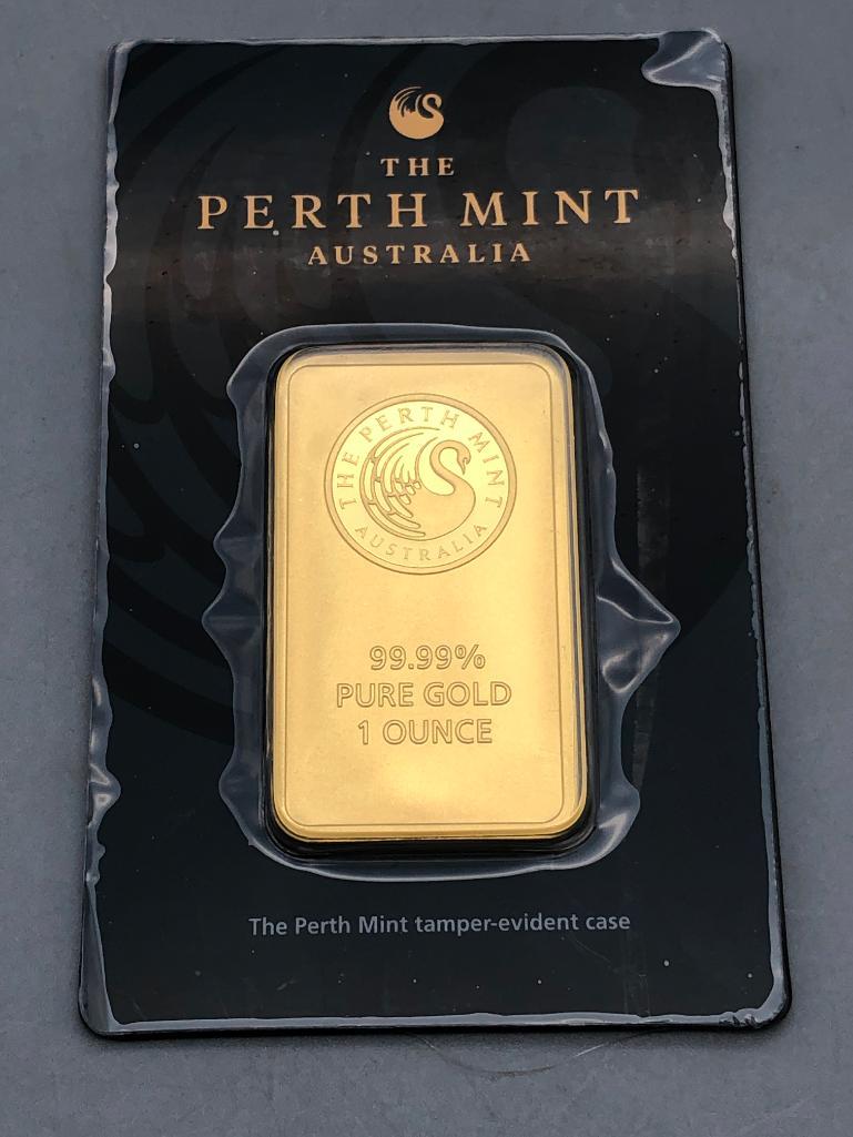 Sealed One Ounce Gold Bar .9999 Fine - Perth Mint: Available here for your consideration is a 1 ounce gold .999 fine bar. The Perth Mint is Australia's official bullion mint and wholly owned by the Government of Western Australia. This lot features a 