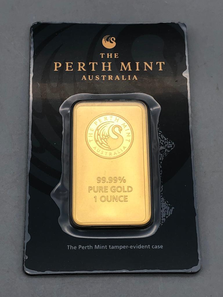 Sealed One Ounce Gold Bar .9999 Fine - Perth Mint: Available here for your consideration is a 1 ounce gold .999 fine bar. The Perth Mint is Australia's official bullion mint and wholly owned by the Government of Western Australia. This lot features a 