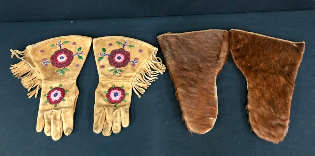 Two Pairs of Beaded & Horsehair Gauntlets: Offered here for your consideration are two pairs of gauntlets, one is beaded and the other are horsehair gauntlets. The beaded lot features brain tanned leather and a tightly stitched beaded flower d