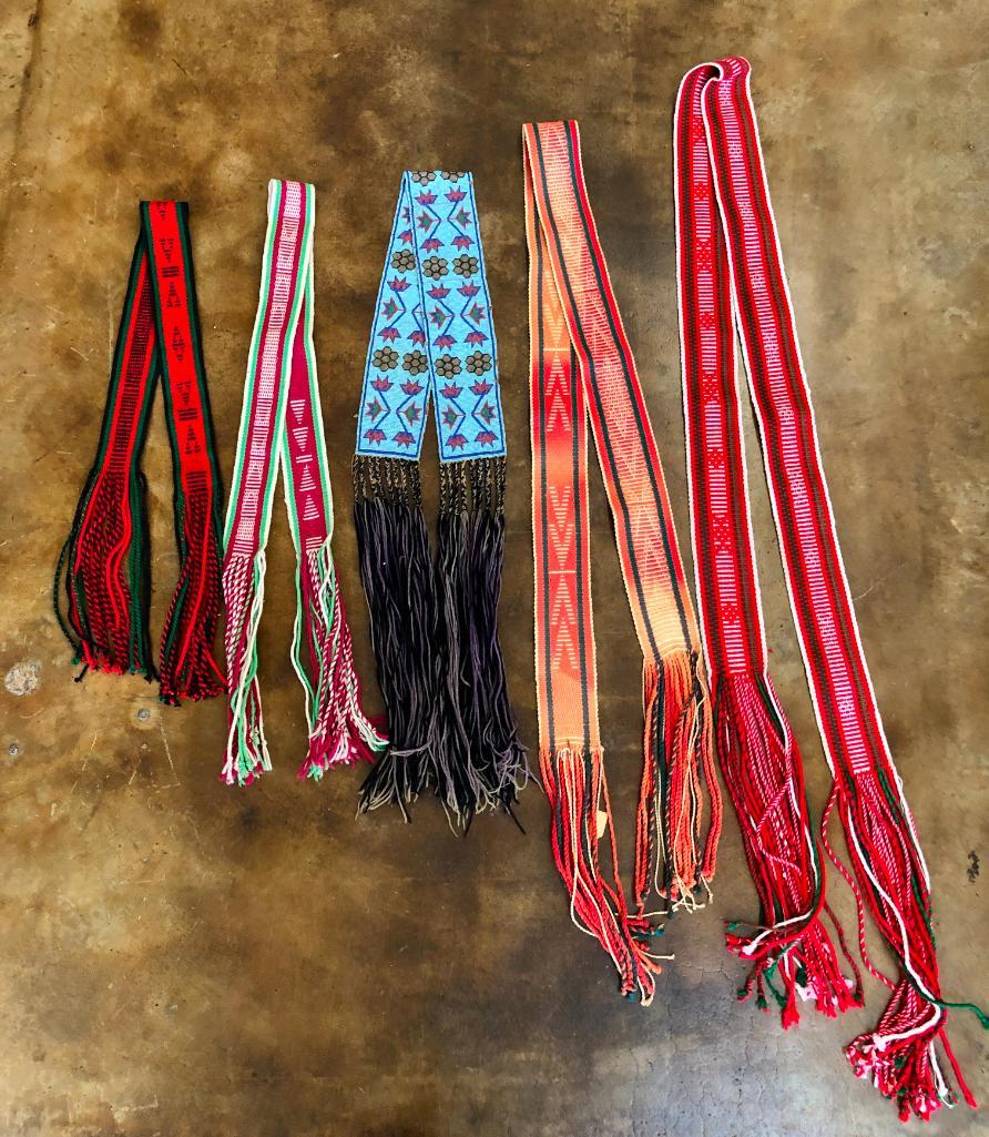 Group of Five Vintage Sashes: Offered here for your consideration is a group of five dance sashes. A sash is used to hold a garment together, usually tied about the waist and some decorative sashes may pass from the shoulder to th