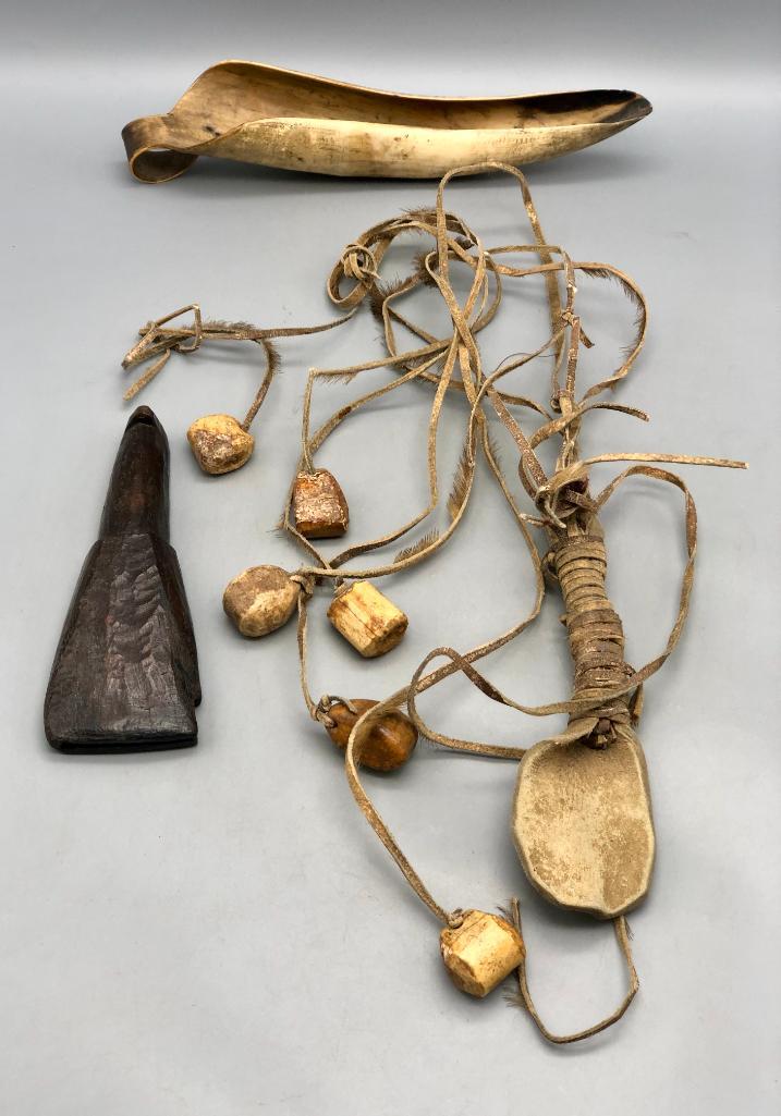 Alaskan - Eskimo Type Artifacts: Offered here for your consideration are a group of Alaskan Eskimo type artifacts. One of these very interesting pieces is a scoop made from an antler or animal horn. The leather spoon-style piece feat