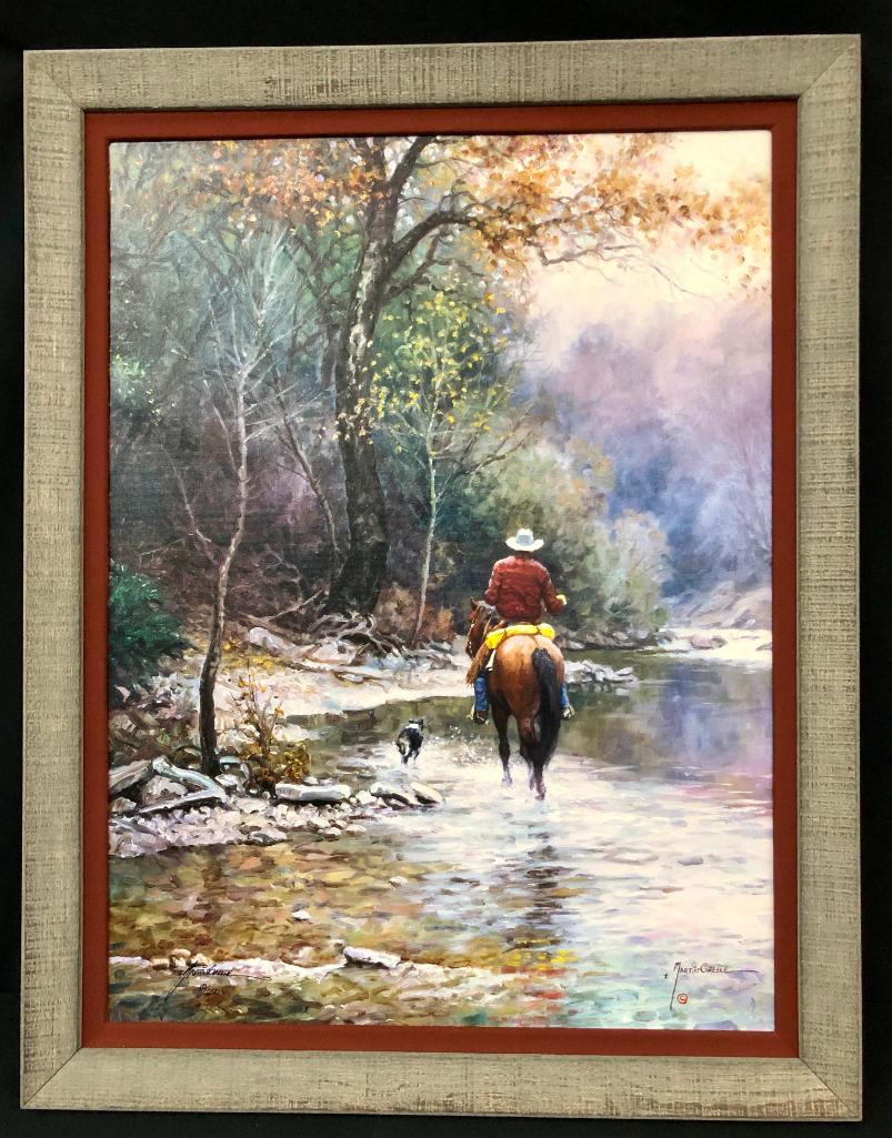 Martin Grelle Giclee On Canvas- Creek Bottom Search: Offered here for your consideration is a Martin Grelle, Giclee on canvas, titled "Creek Bottom Search". This Giclee features a creek scene with a horse rider, horse, and dog facing away from t