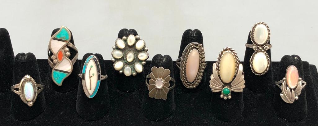 Group of Nine Vintage Rings, All Sterling Silver: Offered here for your consideration is a group of nine vintage rings, all sterling silver. The variety of these pieces is just incredible, and they each have wonderful opal and mother of pearl cabocho