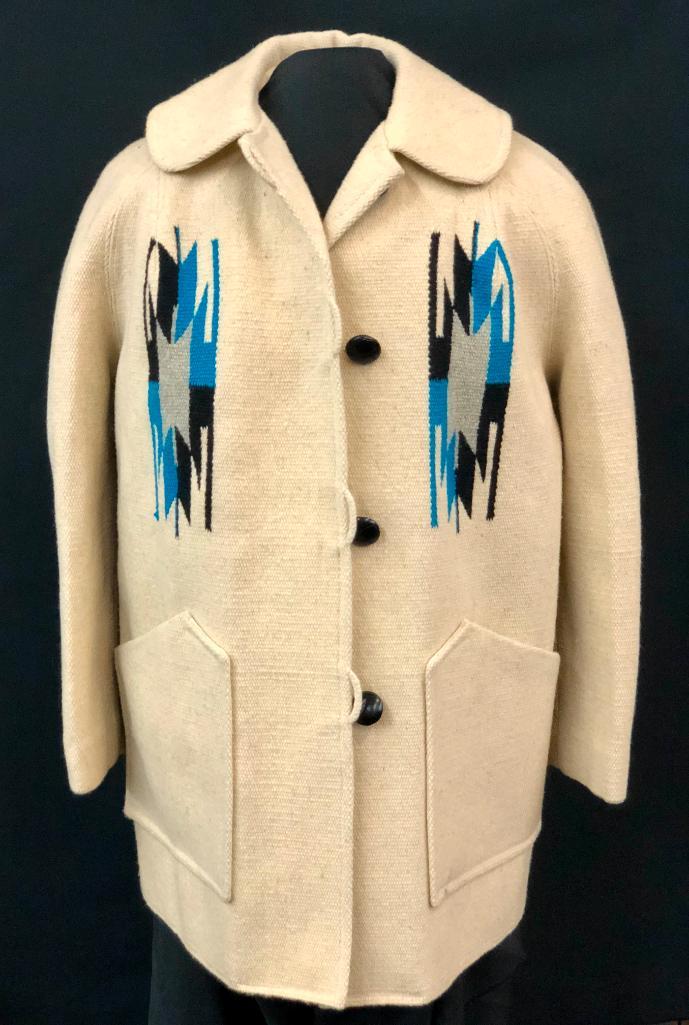 Handmade Ortega Chimayo Jacket: Offered here for your consideration is a handmade Chimayo style jacket. This jacket was woven by Ortega weavers in the tradition of the Ortegas' that settled in New Mexico in the early 1700s. The 