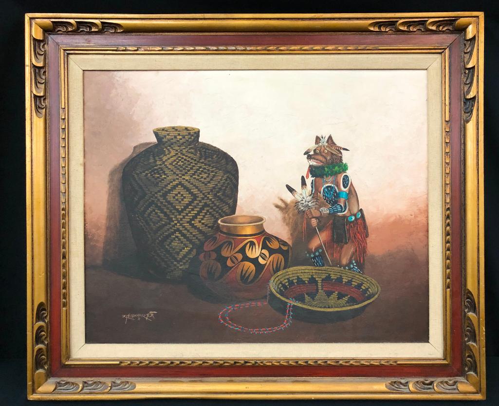 Robert Yellowhair Original Oil Painting: Offered here for your consideration is a Robert Yellowhair original oil painting. This painting is beautifully framed and is signed R. Yellowhair '71. MAKER: Robert Yellowhair, (1937-2016) Navajo.