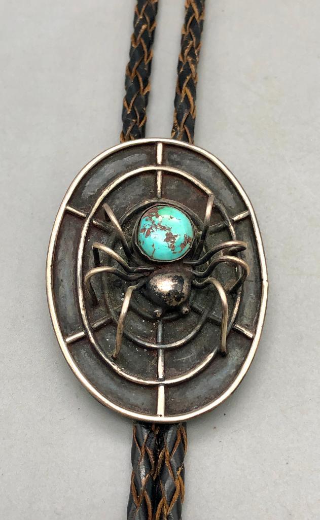 Vintage Spider Themed Turquoise And Sterling Silver Bolo Tie (1 of 6)