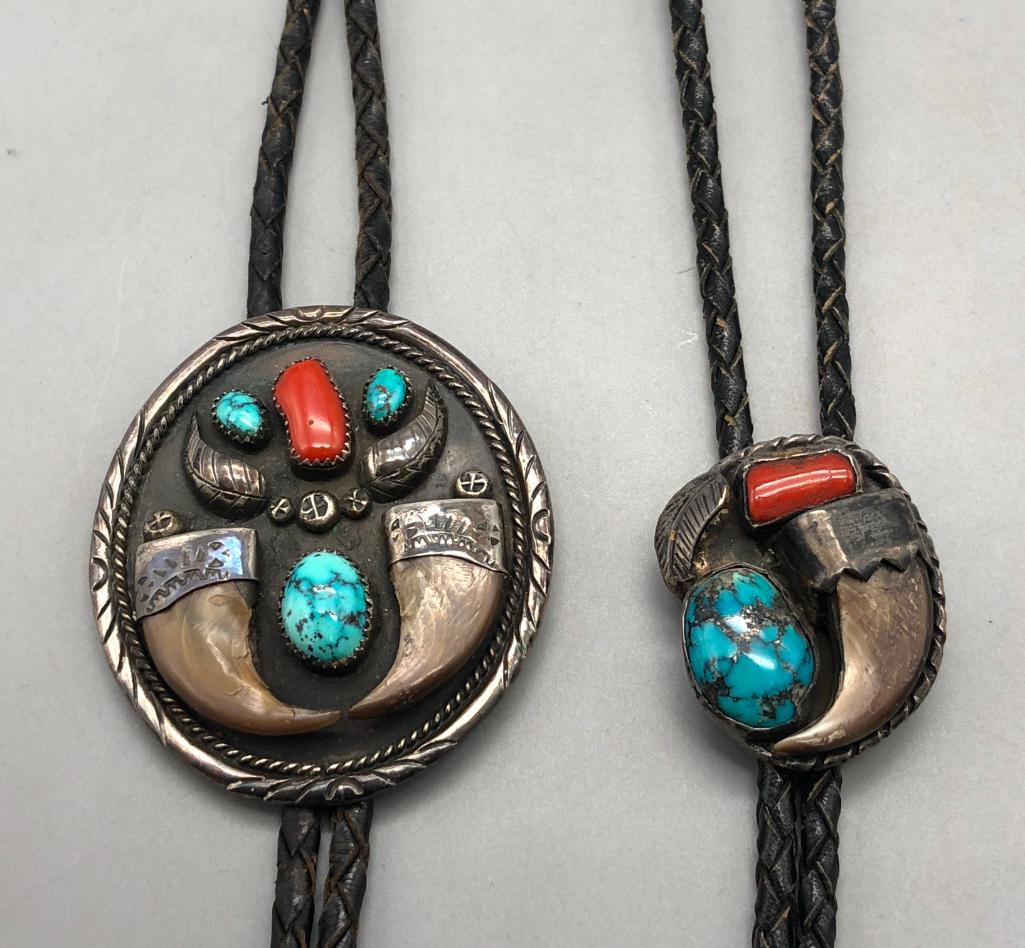 Two Vintage Turquoise, Coral, And Claw Bolo Ties (1 of 6)