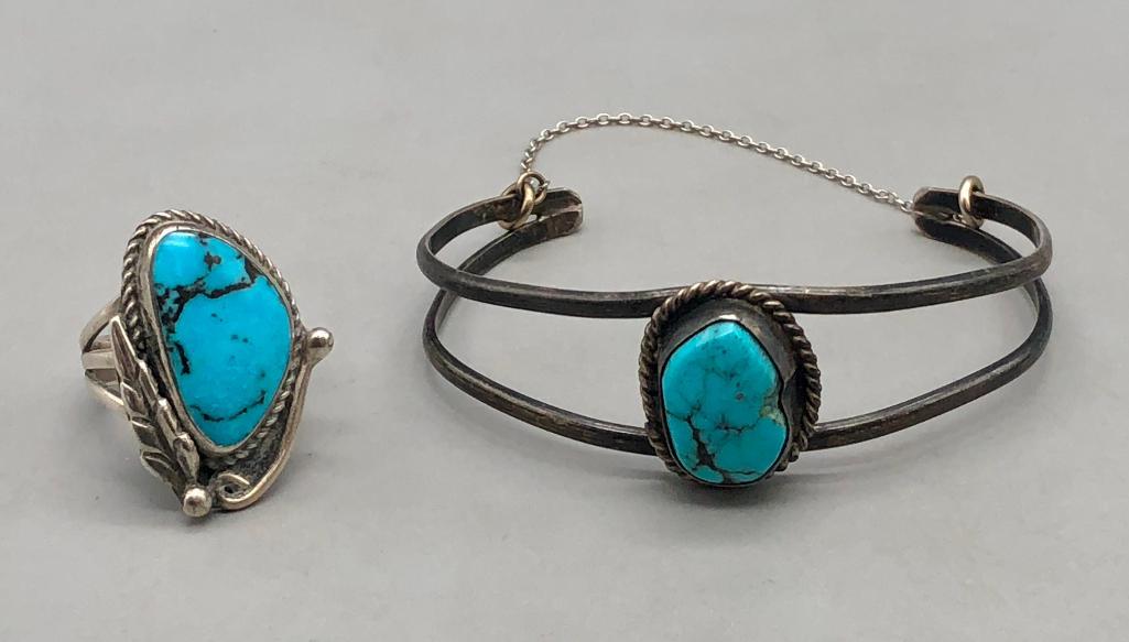 Sterling Silver And Turquoise Bracelet And Ring (1 of 8)